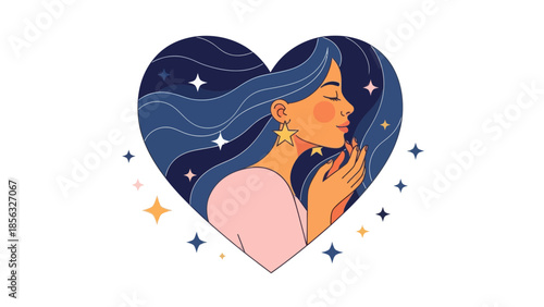 Woman in Heart Shape with Stars: Self-Love Concept