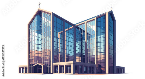 Modern Glass Church Building with a Large Cross on Top, Architectural Design