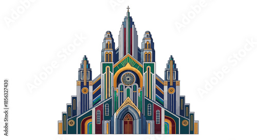 A Detailed Architectural Illustration of a Grand Building with Towers and Arched Entrances