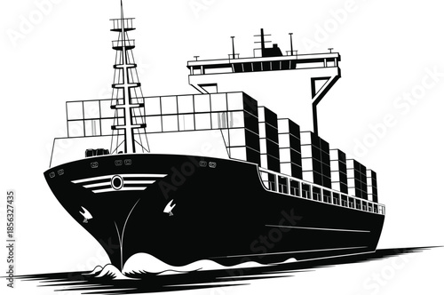 Detailed High-Contrast Illustration of a Massive Container Ship at Sea Featuring Multiple Stacks of Cargo Containers and a Prominent Towering Bridge.