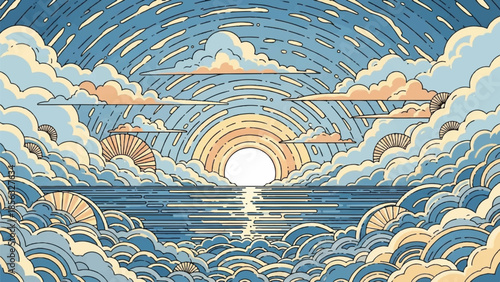 Serene ocean landscape with vibrant clouds and sunlight shining through the waves from a high viewpoint