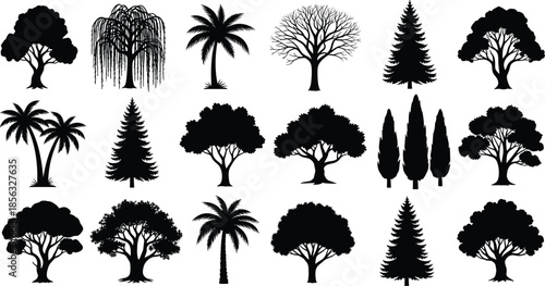 Tree and plant silhouette icon set featuring forest, palm, pine, deciduous trees, and natural landscape elements
