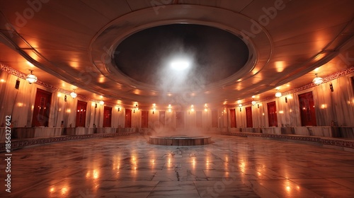 unanimity. Traditional Turkish bath interior with marble floor and central heated stone emitting steam. real-estate listings.