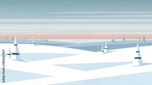 A serene winter landscape with abstract geometric ice formations and minimalist sailboats under a soft gradient sky