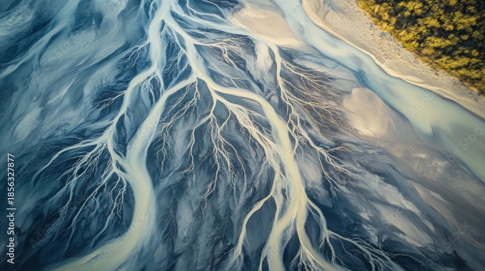 Obraz premium An aerial, top-down view of a braided glacial river delta, the water channels creating a stunning, tree-like pattern as they flow through silt and sand, abstract nature art. 