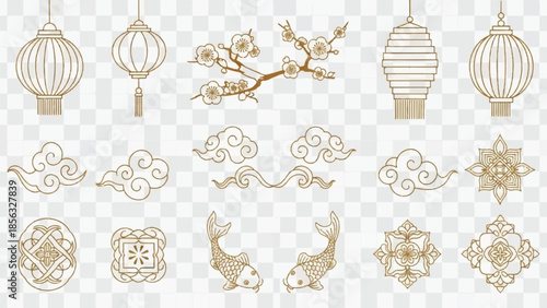 Collection of golden decorative elements including lanterns, floral motifs, and symbolic patterns on a transparent background.