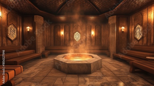 unanimity. Traditional Turkish bath interior with marble floor and central heated stone emitting steam. real-estate listings.