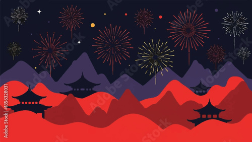 Fireworks explosion over mountains and temples at night