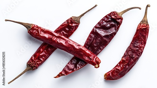 Dried Red Chili Peppers Isolated on White Background in Natural Light