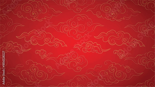 Red background with intricate gold cloud patterns, serene atmosphere, and decorative elements from a top-down viewpoint