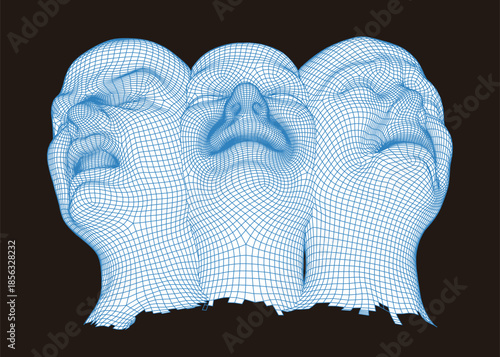 3D wireframe mesh of three screaming human heads. Abstract blue digital grid faces on black background. Cybernetic concept for artificial intelligence, facial recognition, stress, and mental health