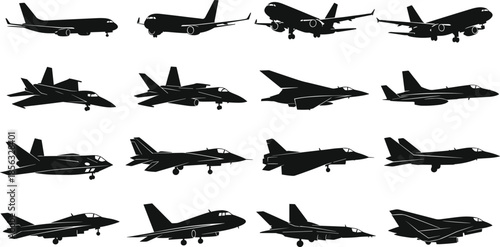 Military aircraft silhouette icon set featuring fighter jets, bombers, and combat airplanes in various flight positions