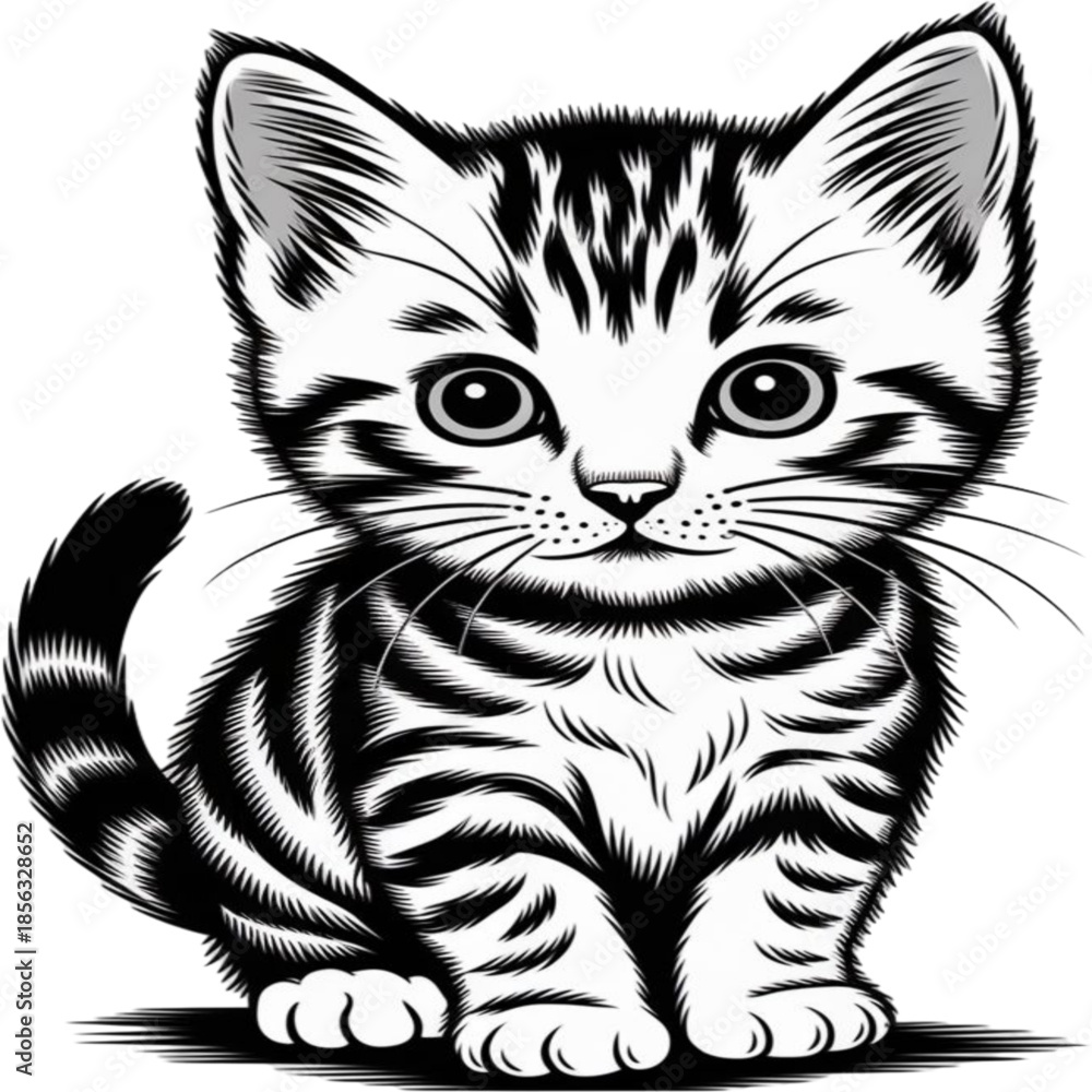 Obraz premium Adorable Kitten's Gaze: A charming monochrome illustration of a kitten, with captivating eyes and distinct markings, exuding an aura of endearing innocence and curiosity.