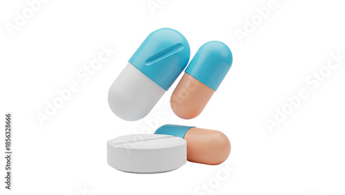 3D Various colorful pills and capsules floating on a transparent background