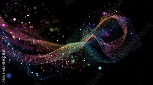 Iridescent Particle Swirl on a Black Backdrop with Colorful Light Effects and Soft Focus