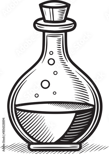 Potion bottle Hand-drawn Sketch Drawing Vector Illustration, Line Linear Symbol Engraving Coloring Book, Black and White Isolated