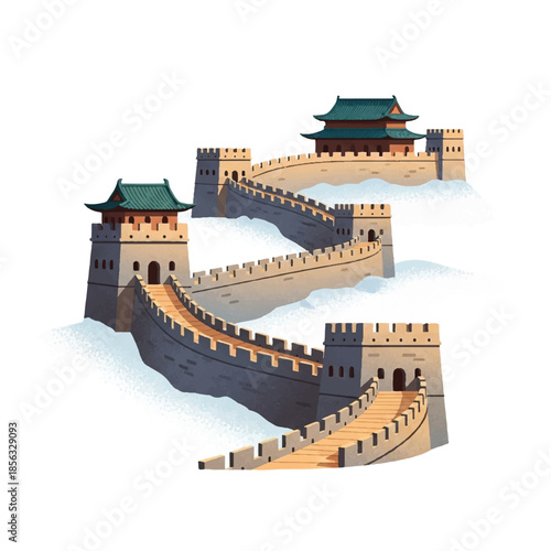 Illustration of the Great Wall of China with watchtowers and traditional Chinese architecture on a mountainous landscape