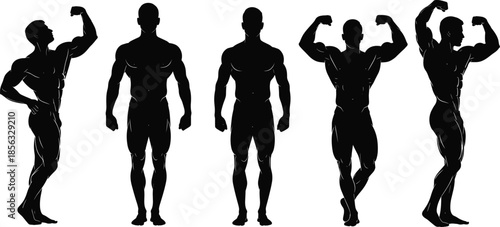 Bodybuilder and fitness silhouette icon set showing muscular men posing, strength training, gym lifestyle, and athletic physique