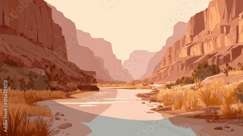 Pixel Art Landscape of Grand Canyon with Winding River Reflecting the Soft Warm Sunset Light in a Valley with Sandstone Cliffs and Dry Grass
