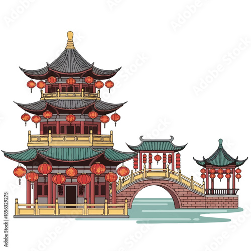 An illustration of a traditional Chinese pagoda with a bridge and lanterns in a serene environment from a frontal viewpoint