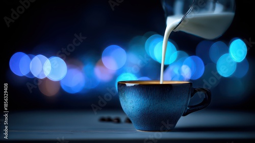 Pouring Milk into Blue Ceramic Cup on Dark Background with Bokeh Lights and Coffee Beans Still Life