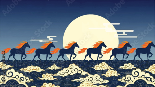 Eight horses running across a serene ocean landscape under a full moon at dusk from a distant viewpoint