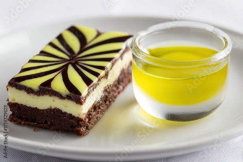 Rectangular Chocolate Cake Slice with Yellow Pattern on White Plate next to Glass of Yellow Liquid on White Tablecloth