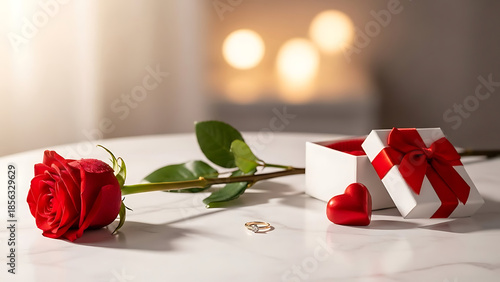 A vibrant red rose, an open white gift box with a red bow, a shiny red heart, and a golden ring are delicately arranged on a pristine white marble table, bathed in soft, warm light.