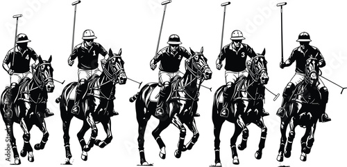 Polo sport illustration set featuring horseback riders playing polo with mallets, showcasing equestrian competition and athletic action