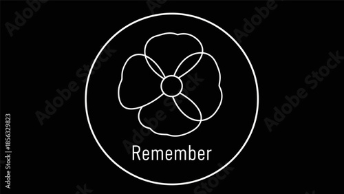 Minimalist white outline of a poppy flower in a circle with the word 'Remember' on a black background.
