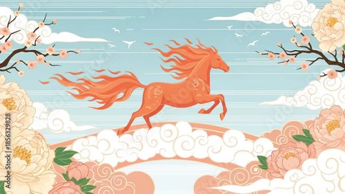 Mythical Fiery Horse Galloping on Cloud Path in Floral Sky Landscape Illustration with Ethereal Atmosphere
