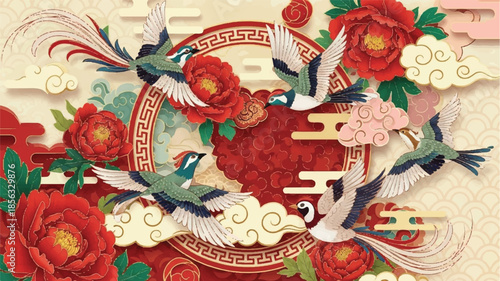 Flying Cranes and Peonies in Traditional Asian Art Style, Ornate Circular Motif, Decorative Floral Illustration, Elegant Cultural Design, Top-View Composition