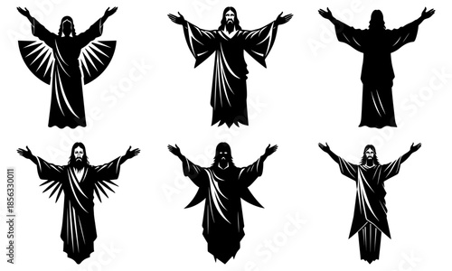Five Black and White Silhouettes of a Figure with Outstretched Arms on a White Background arms outstretched