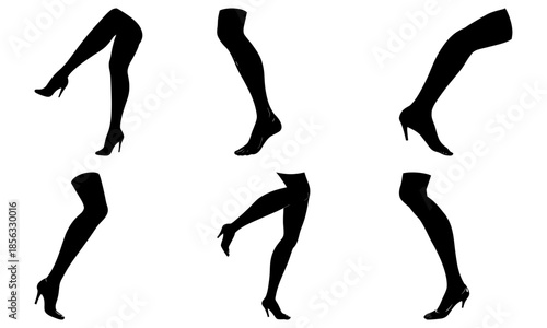 Five pairs of legs in heels posing on a white background silhouette black