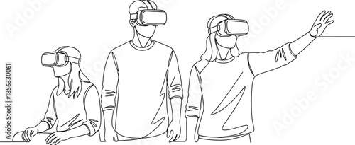 People wearing virtual reality headsets outline illustration set showing immersive technology, gaming, simulation, and digital experience concepts