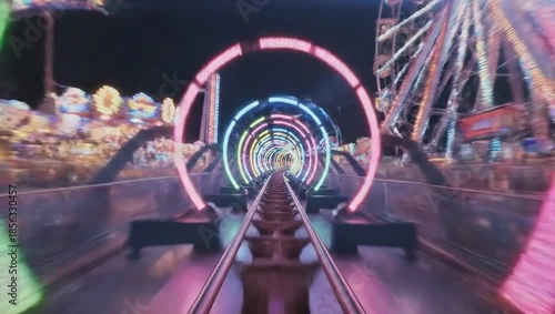 Riding a Roller Coaster at Night with Neon Lights.