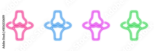 Neon glowing knee joint vector icons set, human anatomy, medical, bone, orthopedic, vibrant colorful digital illustration on transparent background.
