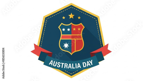 Australia day celebration badge with shield and ribbons on white background