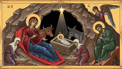 Nativity scene with mary, joseph, angels, and animals in a manger, a traditional christmas iconographic representation