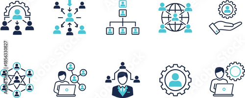A collection of two-color icons representing business management, organization structure, human resources, global networking, and team leadership concepts.