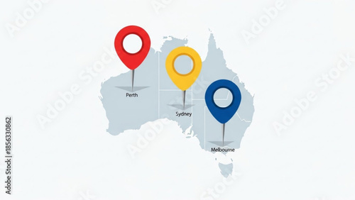 Map of australia with location pins on perth, sydney, and melbourne cities, travel and tourism concept