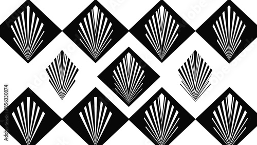 Abstract art deco seamless geometric pattern with bold black diamond shapes and elegant radiating fan motifs in high contrast design