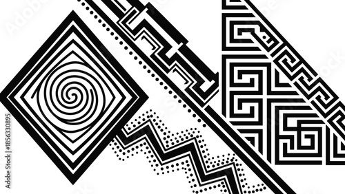 Abstract black and white geometric tribal composition with spiral maze patterns, bold diagonal shapes, ethnic ornamental line art design