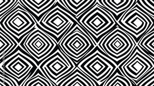 Abstract seamless optical geometric pattern with flowing diamond waves, bold black and white lines creating hypnotic modern surface design aesthetic texture