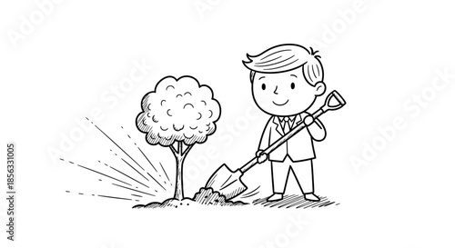 Young boy planting a tree with a shovel, symbolizing growth and environmental care.