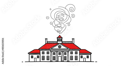 Elegant Colonial Building with Smoke Emanating from Chimney.