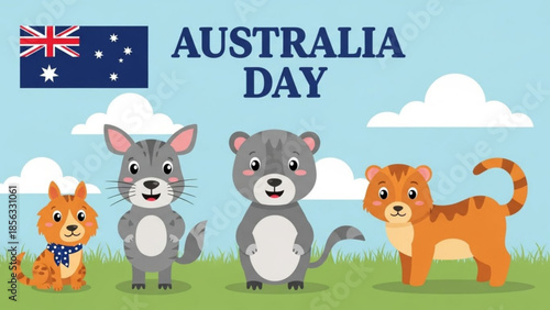 Australian wildlife celebration with cartoon animals on a sunny day with flag