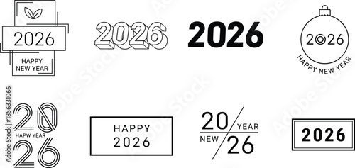Happy New Year 2026 line art logo collection, modern minimal black vector design set, minimalistic calendar date typography bundle, greeting card template elements, isolated