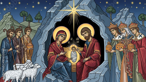 Nativity scene with holy family, shepherds, and kings in a cave under a starry night sky with a bright shining star above, symbolizing the birth of jesus christ