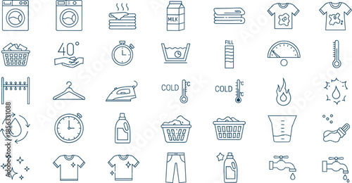 Laundry and washing icon set, washing machine, dirty clothes, temperature control, detergent, water drop, and cleaning process line vector collection.